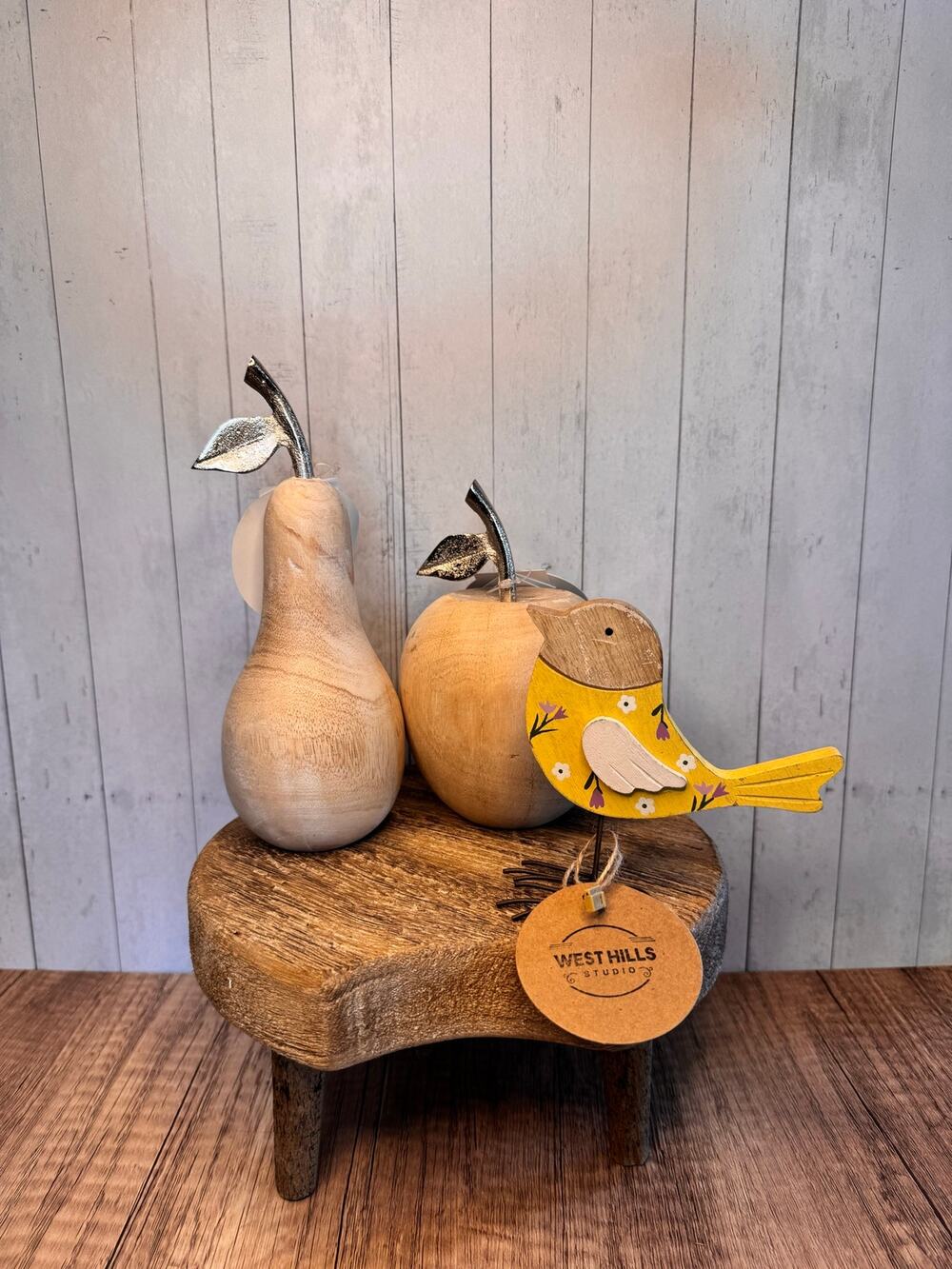 Rustic Wood Apple Wood Pear Yellow Bird Home Decor Set of 3 Wood Decor FAST SHIP